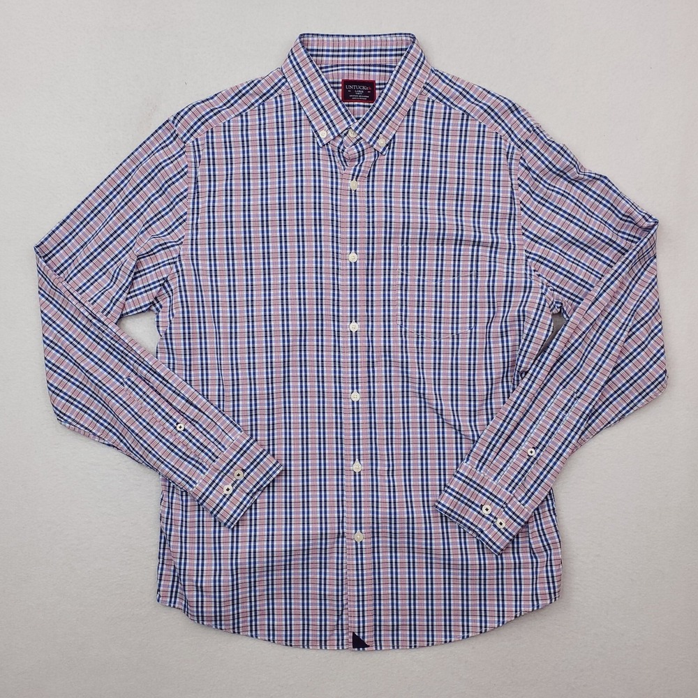 Untuckit Shirt Mens Large Blue Red Plaid Nathanson Slim Fit Button Down Stretch